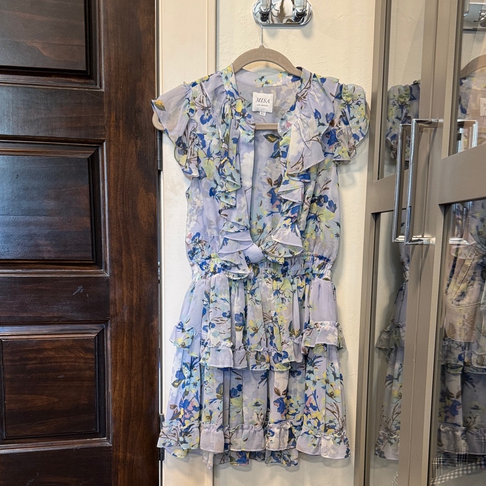 Misa Los Angeles Blue Floral Ruffle Dress